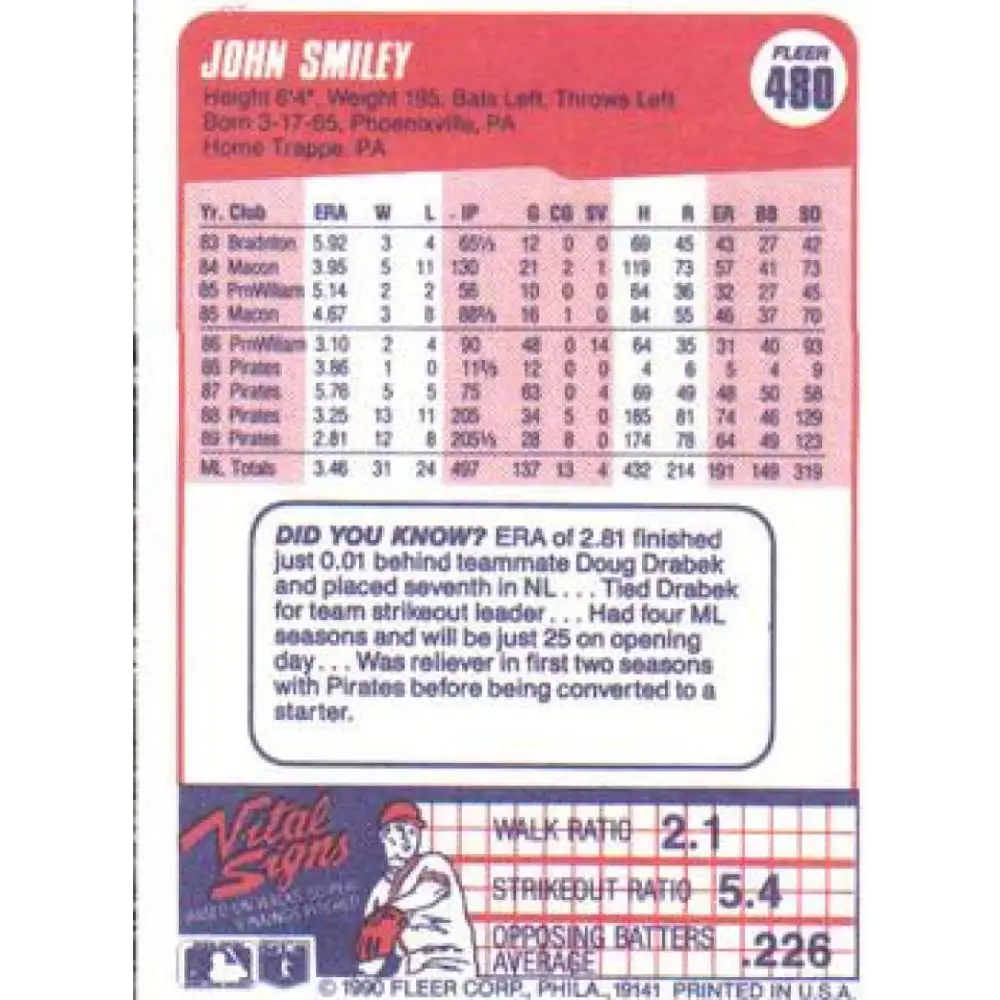1990 Fleer #480 John Smiley NM-MT Pittsburgh Pirates Baseball Card Image 2