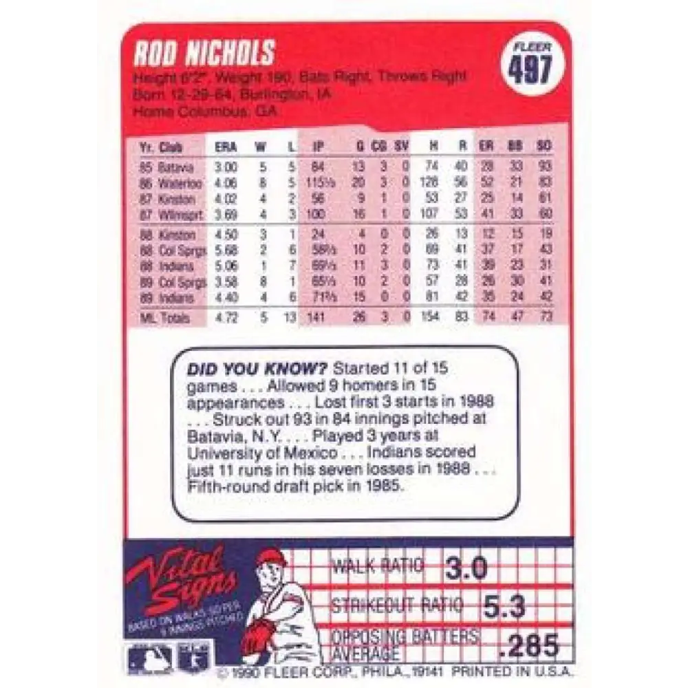1990 Fleer #497 Rod Nichols NM-MT Cleveland Indians Baseball Card Image 2