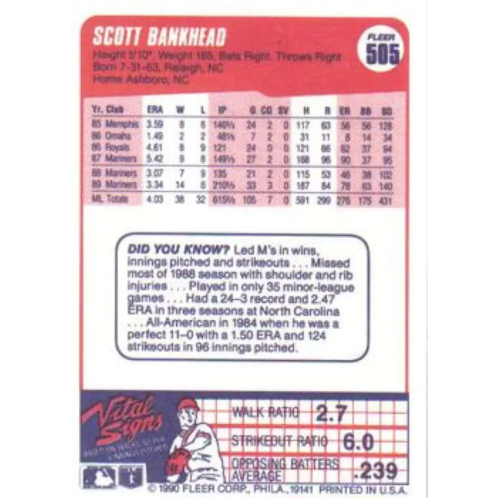 1990 Fleer #505 Scott Bankhead NM-MT Seattle Mariners Baseball Card Image 2