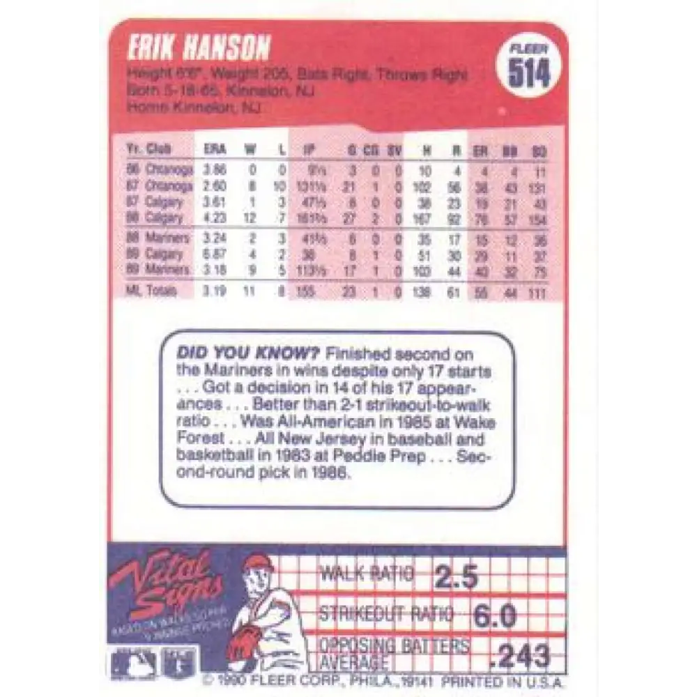 1990 Fleer #514 Erik Hanson NM-MT Seattle Mariners Baseball Card Image 2