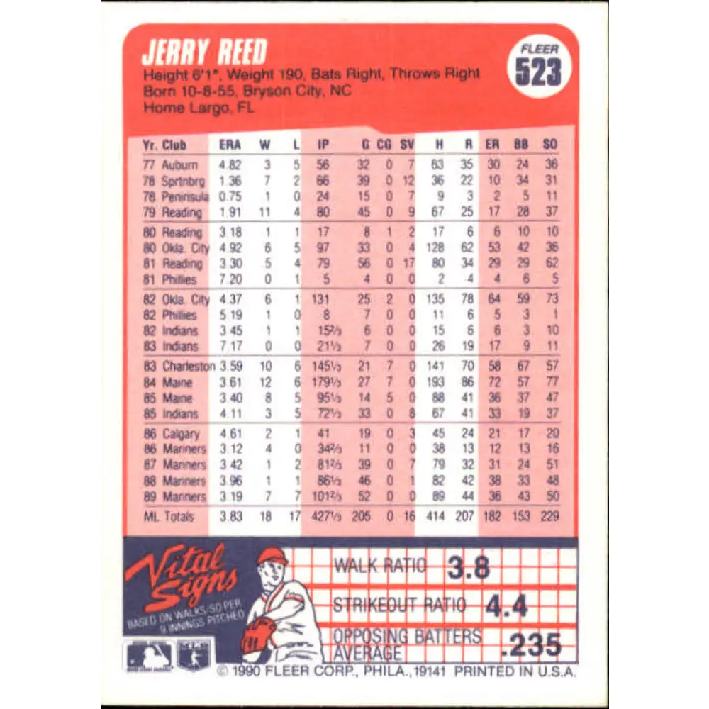 1990 Fleer #523 Jerry Reed NM-MT Seattle Mariners Baseball Card Image 2