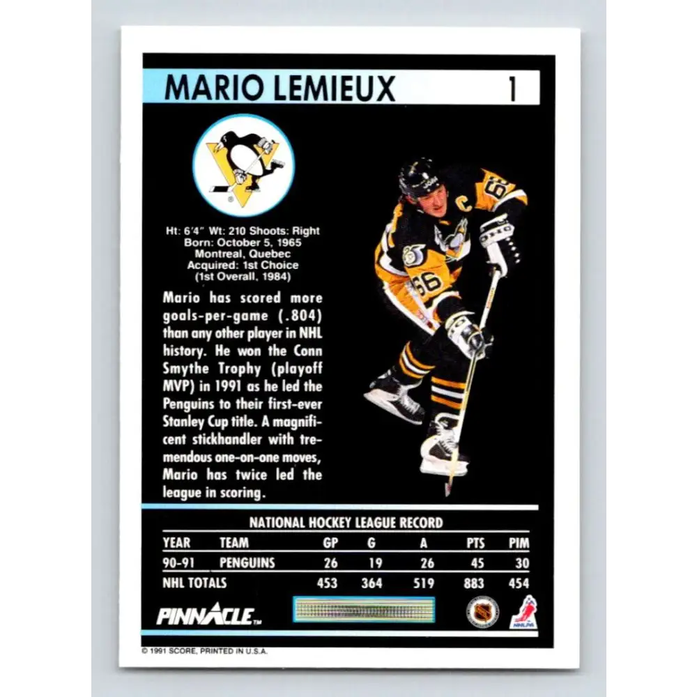 1991-92 Pinnacle #1 Mario Lemieux NM-MT Pittsburgh Penguins Hockey Card Image 2