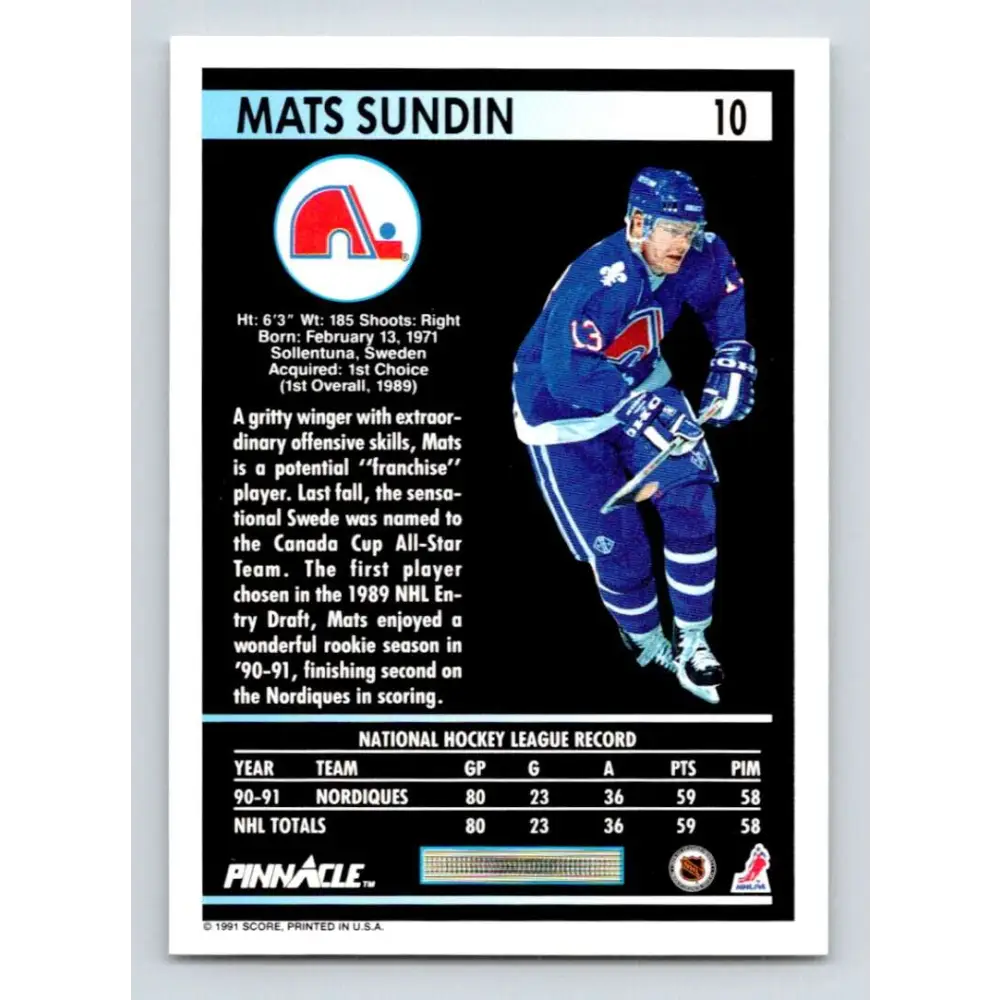 1991-92 Pinnacle #10 Mats Sundin NM-MT Quebec Nordiques Hockey Card Image 2
