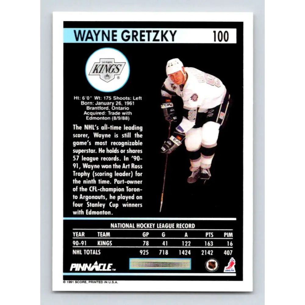1991-92 Pinnacle #100 Wayne Gretzky NM-MT Los Angeles Kings Hockey Card Image 2