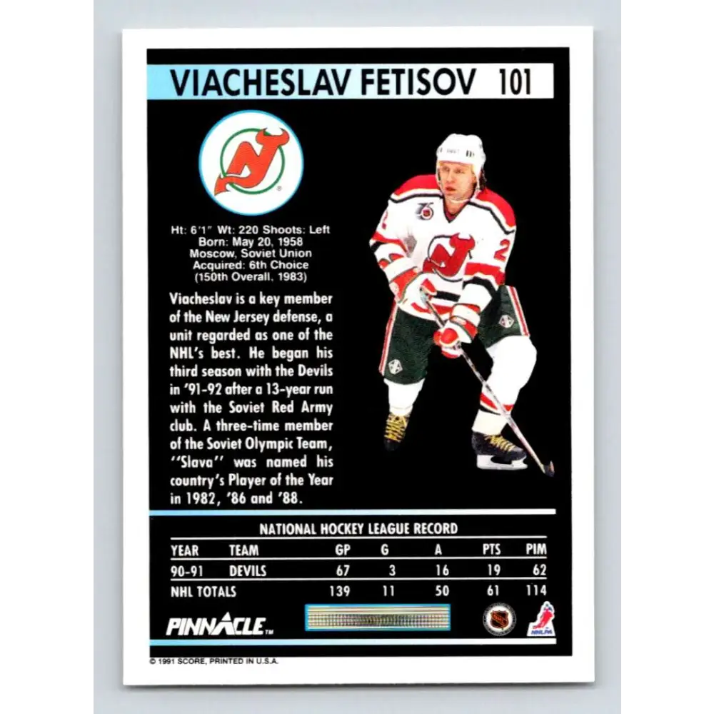 1991-92 Pinnacle #101 Slava Fetisov NM-MT New Jersey Devils Hockey Card Image 2