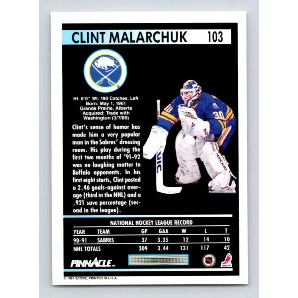 1991-92 Pinnacle #103 Clint Malarchuk NM-MT Buffalo Sabres Hockey Card Image 2