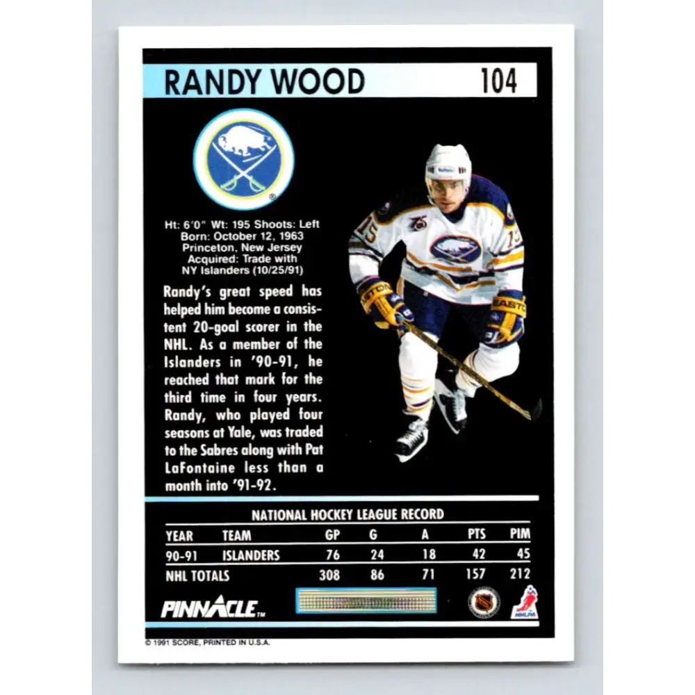 1991-92 Pinnacle #104 Randy Wood NM-MT Buffalo Sabres Hockey Card Image 2