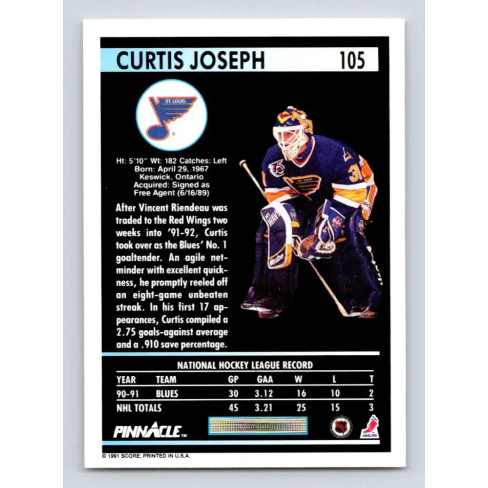 1991-92 Pinnacle #105 Curtis Joseph NM-MT St. Louis Blues Hockey Card Image 2