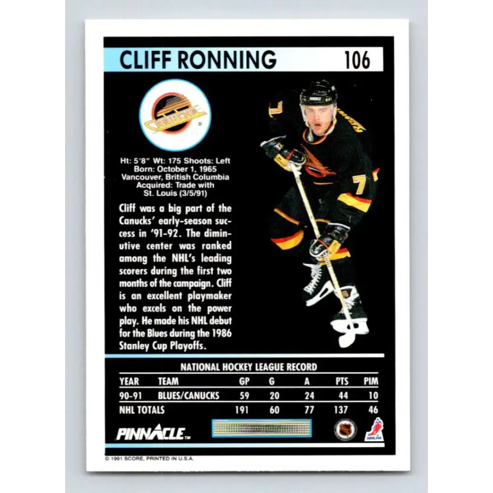 1991-92 Pinnacle #106 Cliff Ronning NM-MT Vancouver Canucks Hockey Card Image 2