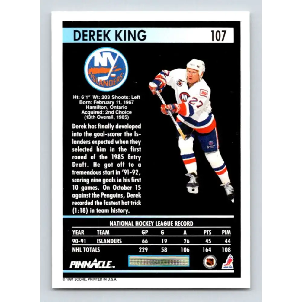 1991-92 Pinnacle #107 Derek King NM-MT New York Islanders Hockey Card Image 2