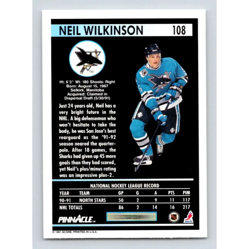 1991-92 Pinnacle #108 Neil Wilkinson NM-MT San Jose Sharks Hockey Card Image 2