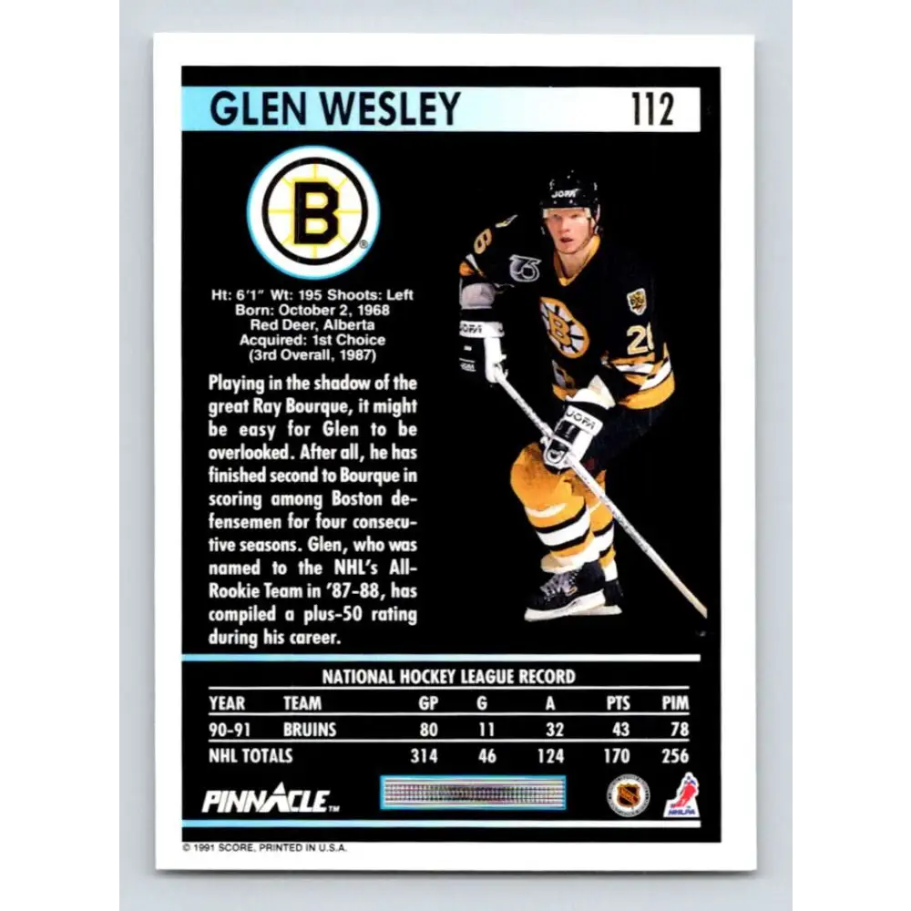 1991-92 Pinnacle #112 Glen Wesley NM-MT Boston Bruins Hockey Card Image 2