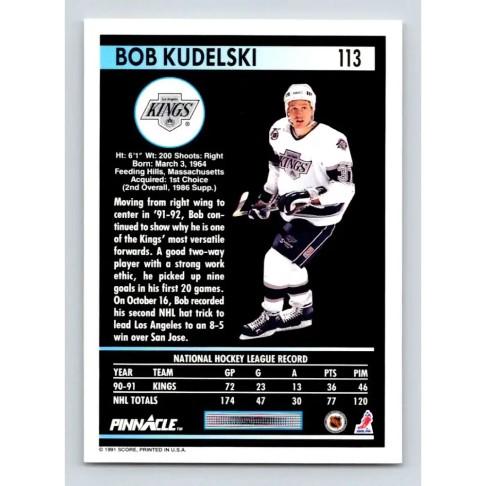 1991-92 Pinnacle #113 Bob Kudelski NM-MT Los Angeles Kings Hockey Card Image 2
