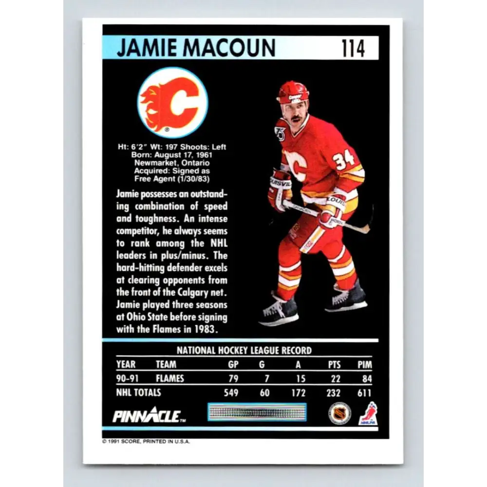 1991-92 Pinnacle #114 Jamie Macoun NM-MT Calgary Flames Hockey Card Image 2