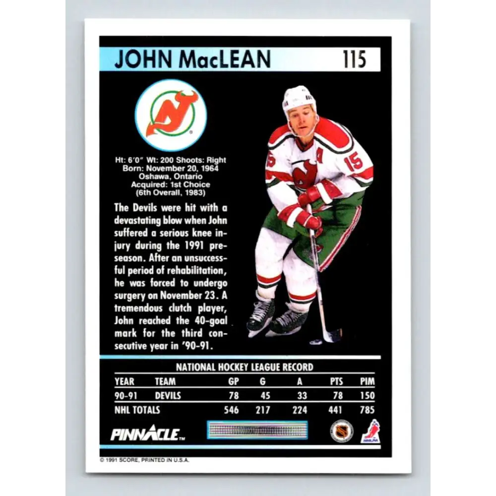 1991-92 Pinnacle #115 John MacLean NM-MT New Jersey Devils Hockey Card Image 2