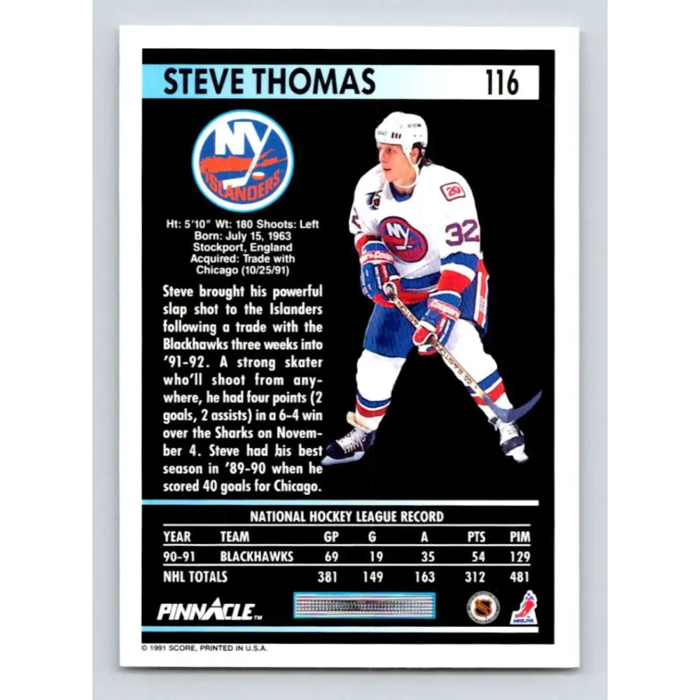 1991-92 Pinnacle #116 Steve Thomas NM-MT New York Islanders Hockey Card Image 2