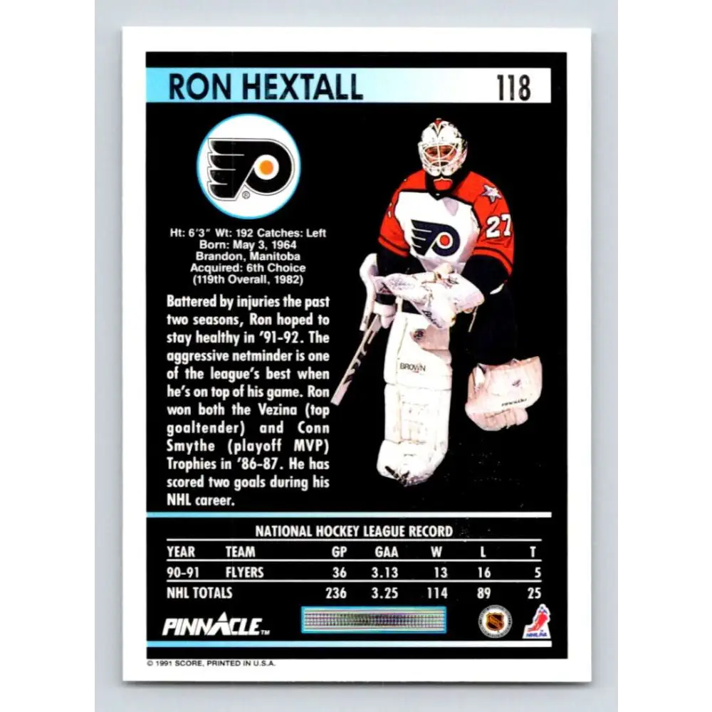 1991-92 Pinnacle #118 Ron Hextall NM-MT Philadelphia Flyers Hockey Card Image 2