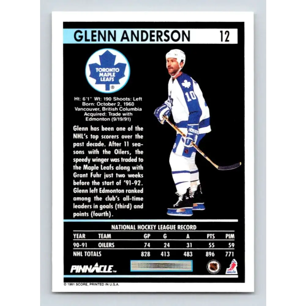1991-92 Pinnacle #12 Glenn Anderson NM-MT Toronto Maple Leafs Hockey Card Image 2