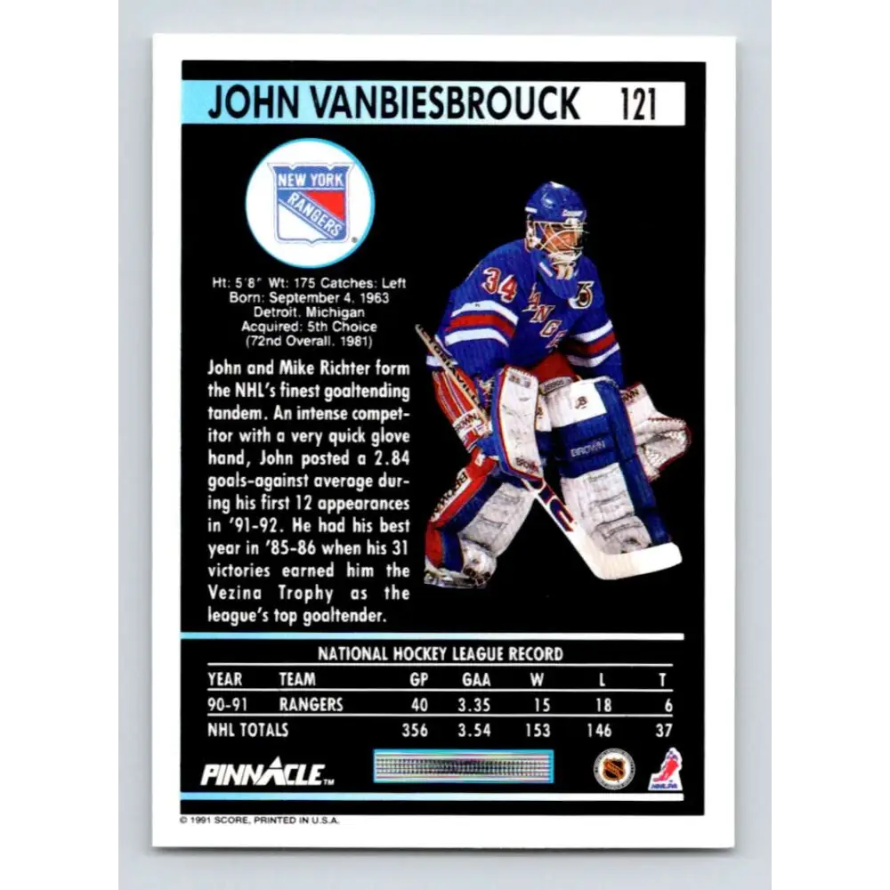 1991-92 Pinnacle #121 John Vanbiesbrouck NM-MT New York Rangers Hockey Card Image 2