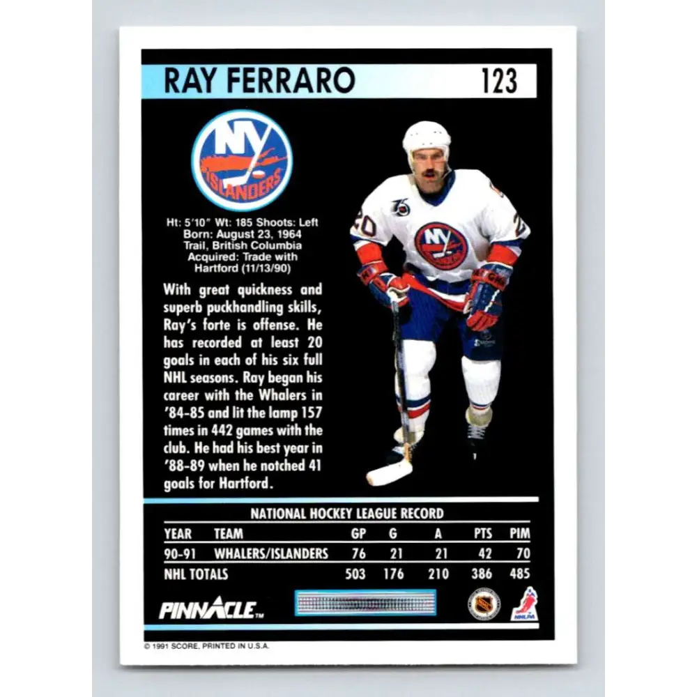1991-92 Pinnacle #123 Ray Ferraro NM-MT New York Islanders Hockey Card Image 2