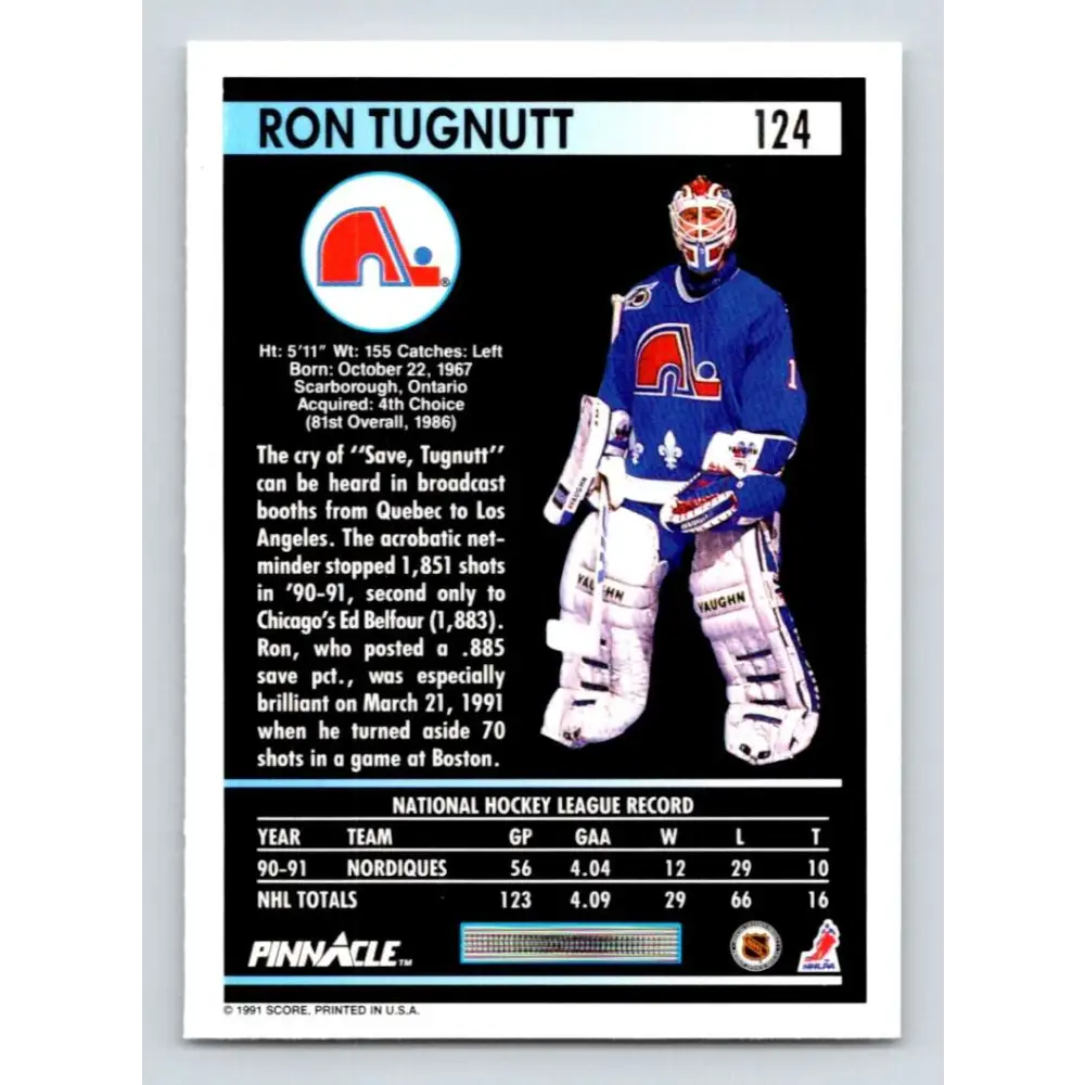 1991-92 Pinnacle #124 Ron Tugnutt NM-MT Quebec Nordiques Hockey Card Image 2