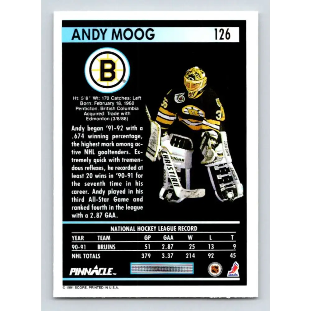 1991-92 Pinnacle #126 Andy Moog NM-MT Boston Bruins Hockey Card Image 2