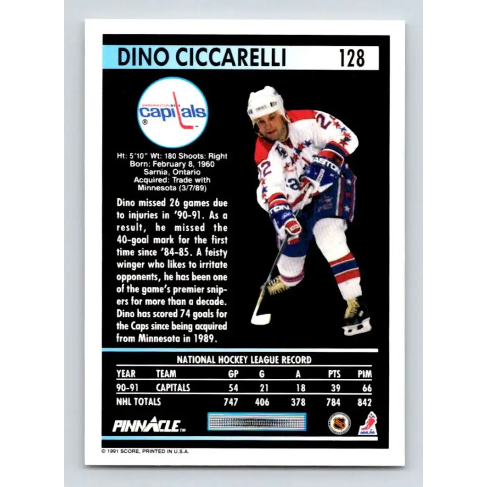 1991-92 Pinnacle #128 Dino Ciccarelli NM-MT Washington Capitals Hockey Card Image 2