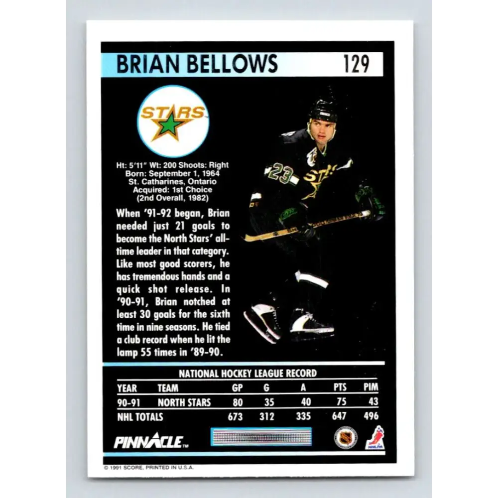1991-92 Pinnacle #129 Brian Bellows NM-MT Minnesota North Stars Hockey Card Image 2