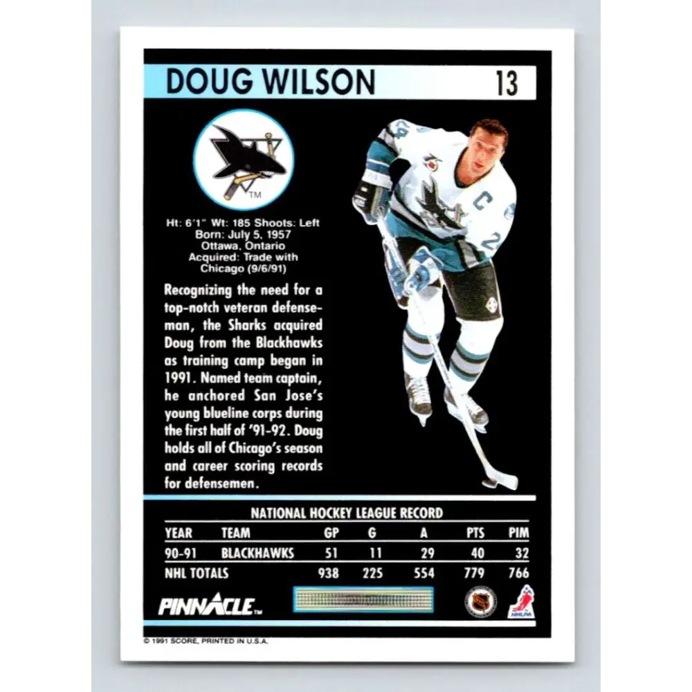 1991-92 Pinnacle #13 Doug Wilson NM-MT San Jose Sharks Hockey Card Image 2