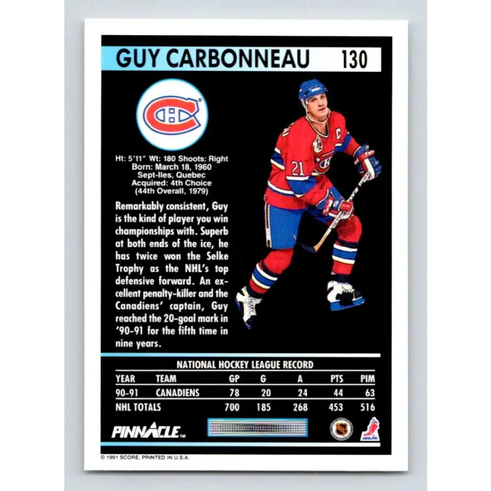 1991-92 Pinnacle #130 Guy Carbonneau NM-MT Montreal Canadiens Hockey Card Image 2