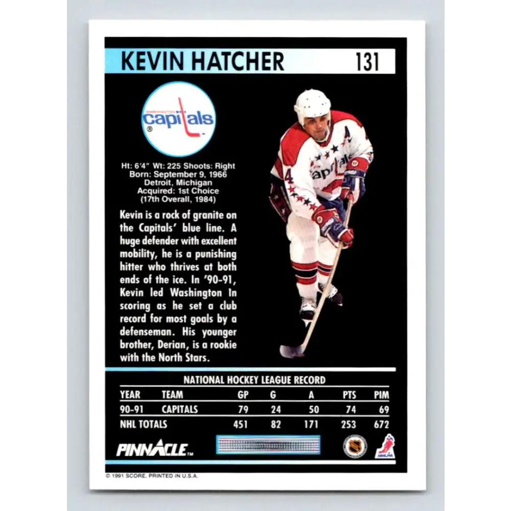 1991-92 Pinnacle #131 Kevin Hatcher NM-MT Washington Capitals Hockey Card Image 2