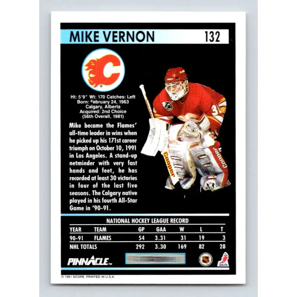 1991-92 Pinnacle #132 Mike Vernon NM-MT Calgary Flames Hockey Card Image 2