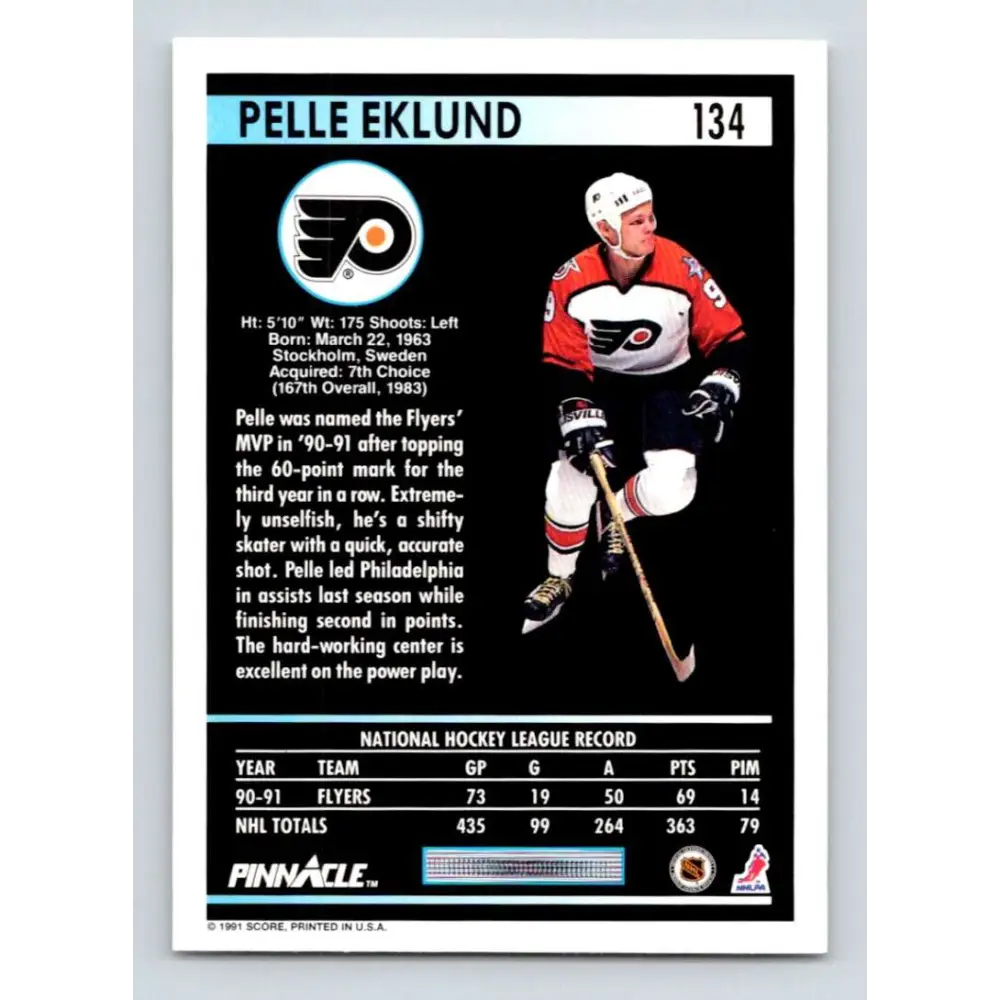 1991-92 Pinnacle #134 Pelle Eklund NM-MT Philadelphia Flyers Hockey Card Image 2