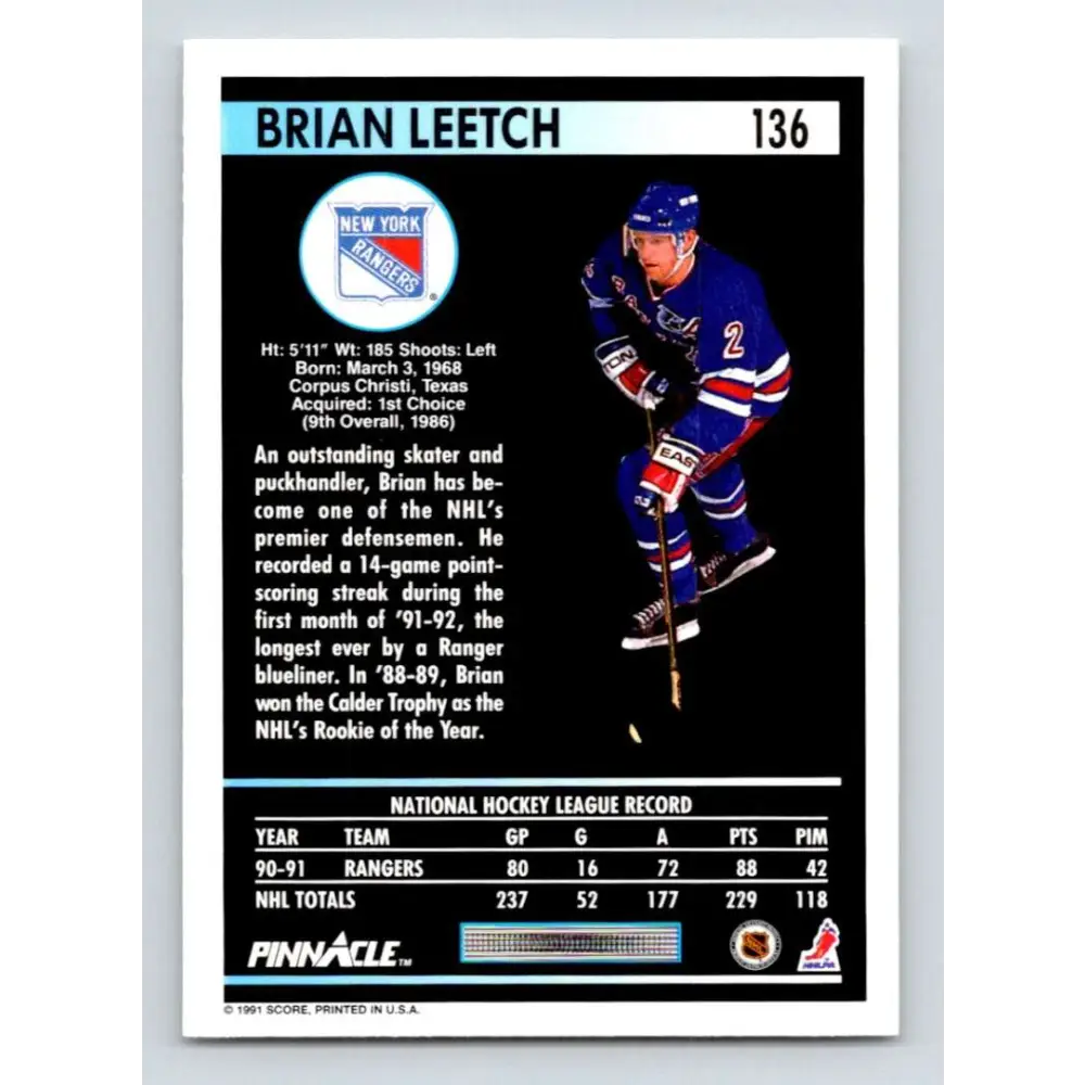 1991-92 Pinnacle #136 Brian Leetch NM-MT New York Rangers Hockey Card Image 2