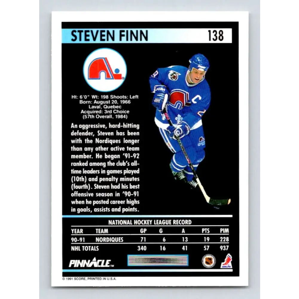 1991-92 Pinnacle #138 Steven Finn NM-MT Quebec Nordiques Hockey Card Image 2