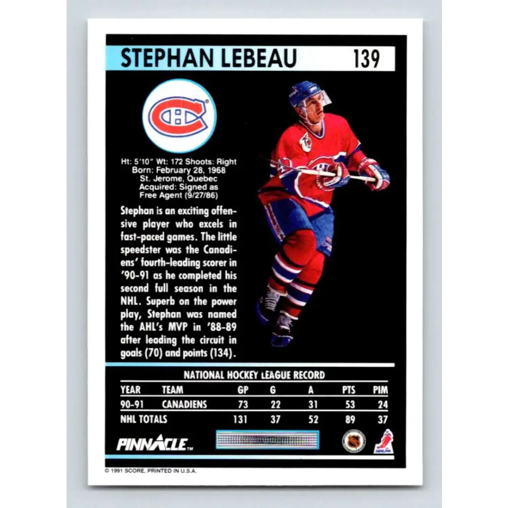 1991-92 Pinnacle #139 Stephan Lebeau NM-MT Montreal Canadiens Hockey Card Image 2