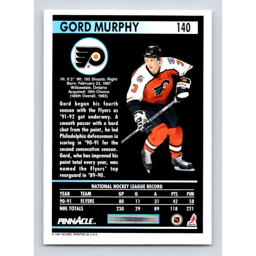 1991-92 Pinnacle #140 Gord Murphy NM-MT Philadelphia Flyers Hockey Card Image 2