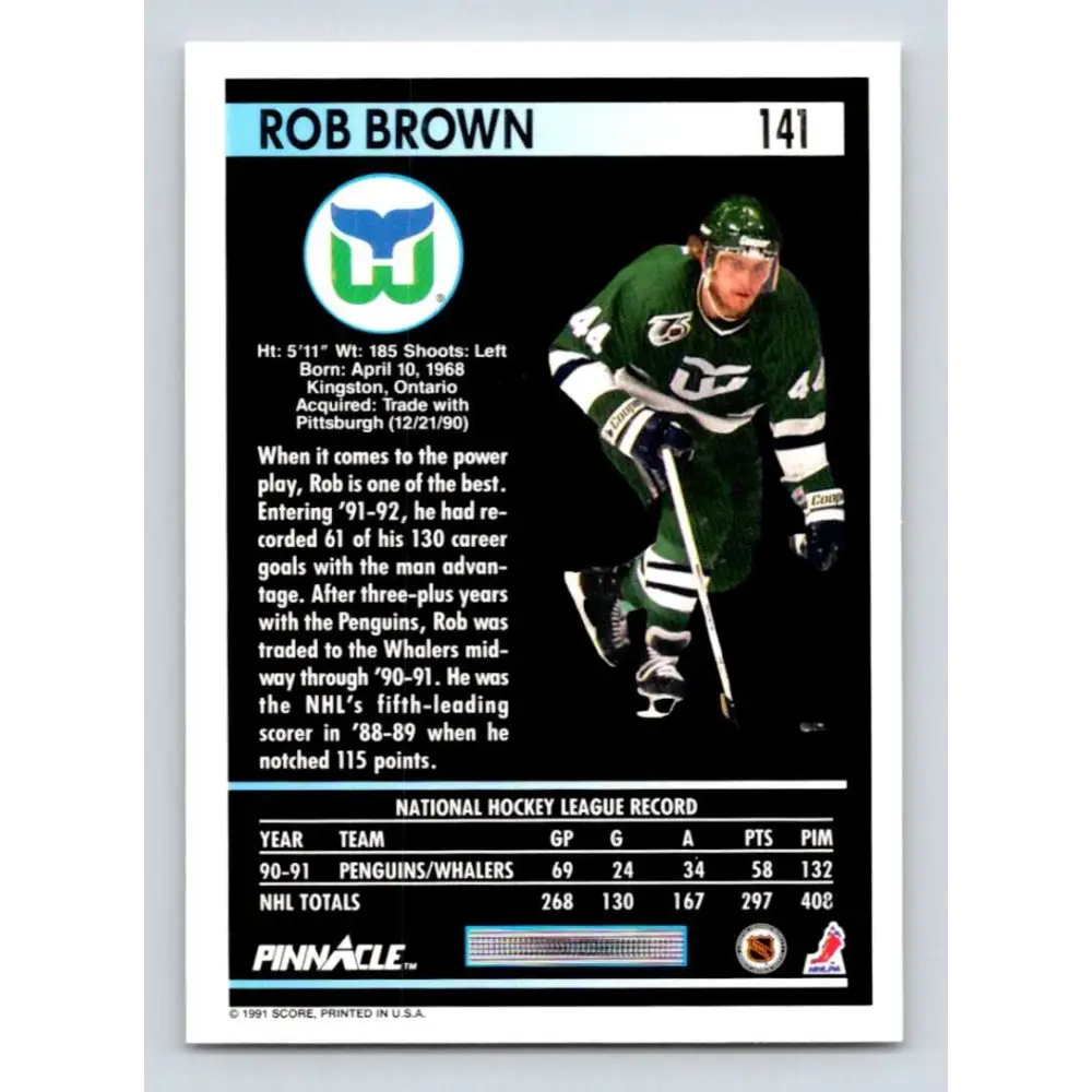 1991-92 Pinnacle #141 Rob Brown NM-MT Hartford Whalers Hockey Card Image 2