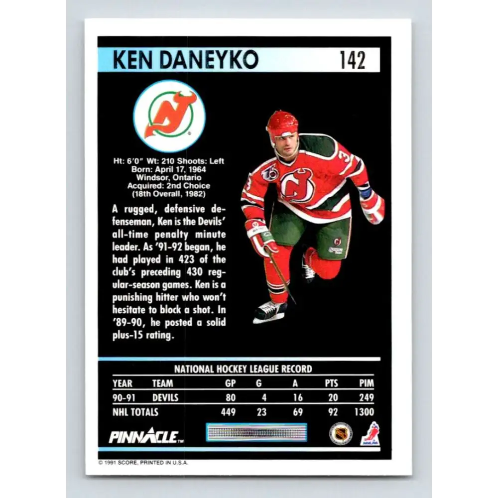 1991-92 Pinnacle #142 Ken Daneyko NM-MT New Jersey Devils Hockey Card Image 2