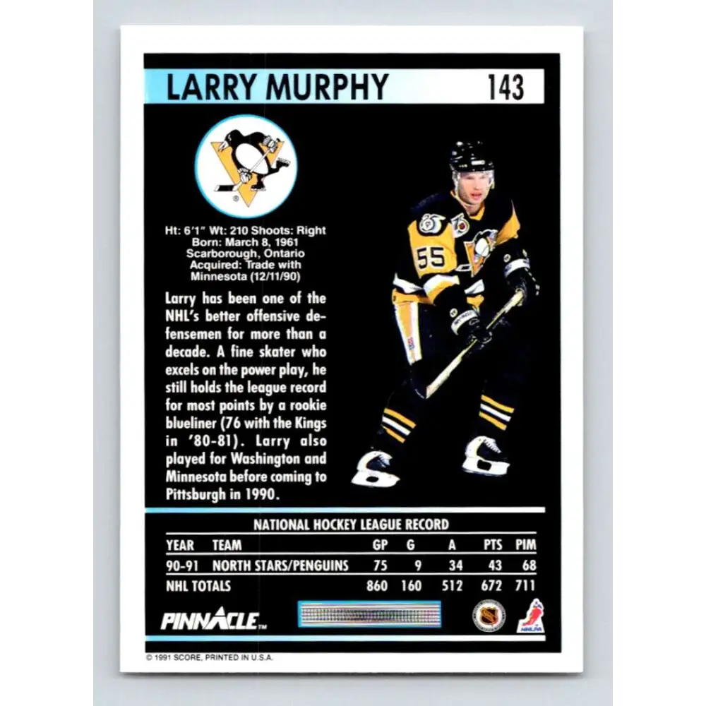 1991-92 Pinnacle #143 Larry Murphy NM-MT Pittsburgh Penguins Hockey Card Image 2