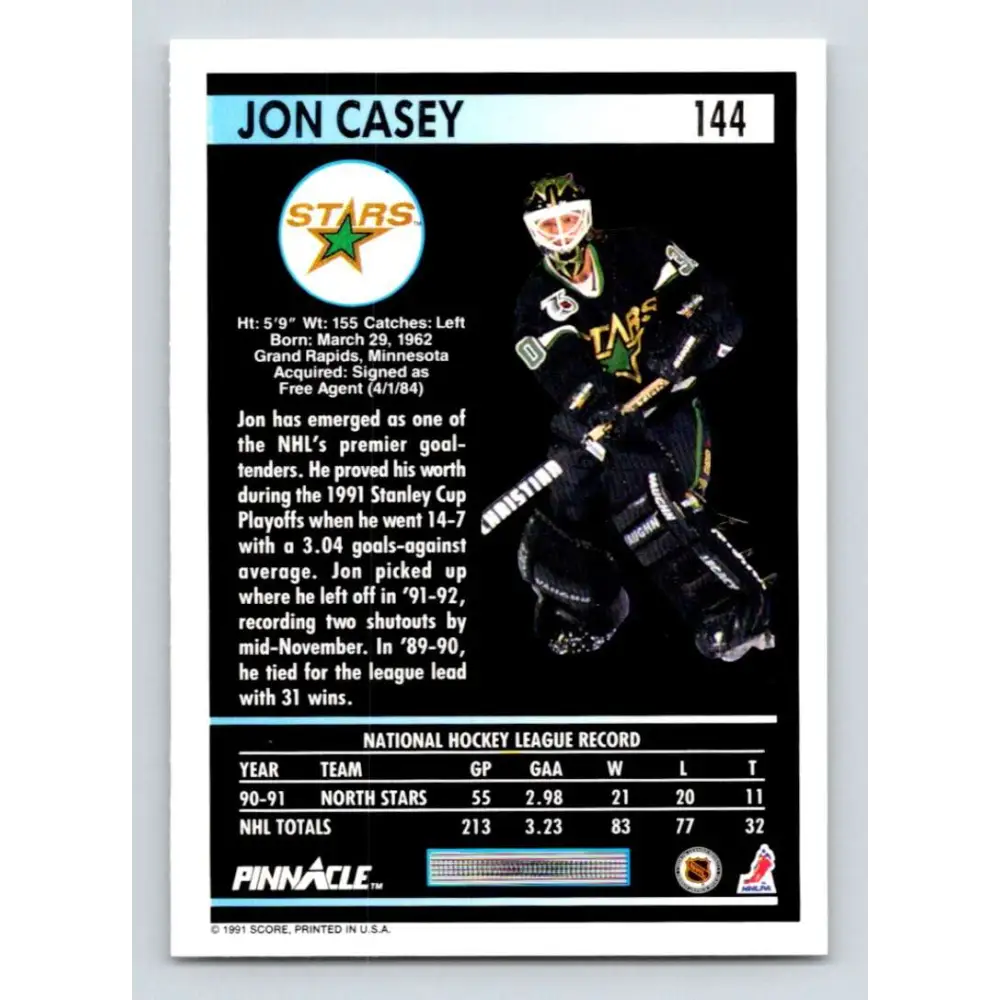 1991-92 Pinnacle #144 Jon Casey NM-MT Minnesota North Stars Hockey Card Image 2