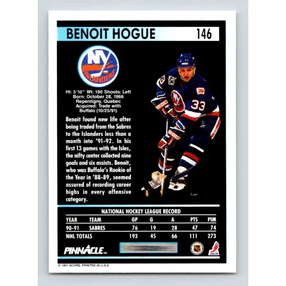 1991-92 Pinnacle #146 Benoit Hogue NM-MT New York Islanders Hockey Card Image 2