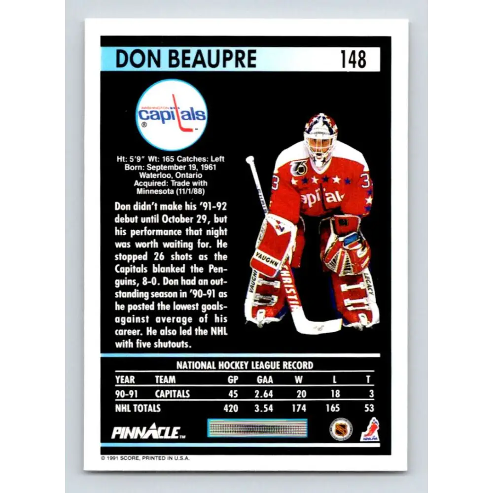 1991-92 Pinnacle #148 Don Beaupre NM-MT Washington Capitals Hockey Card Image 2