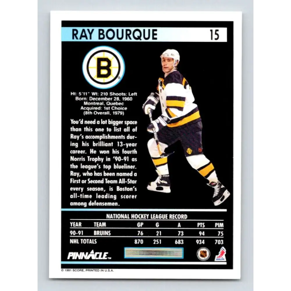 1991-92 Pinnacle #15 Ray Bourque NM-MT Boston Bruins Hockey Card Image 2