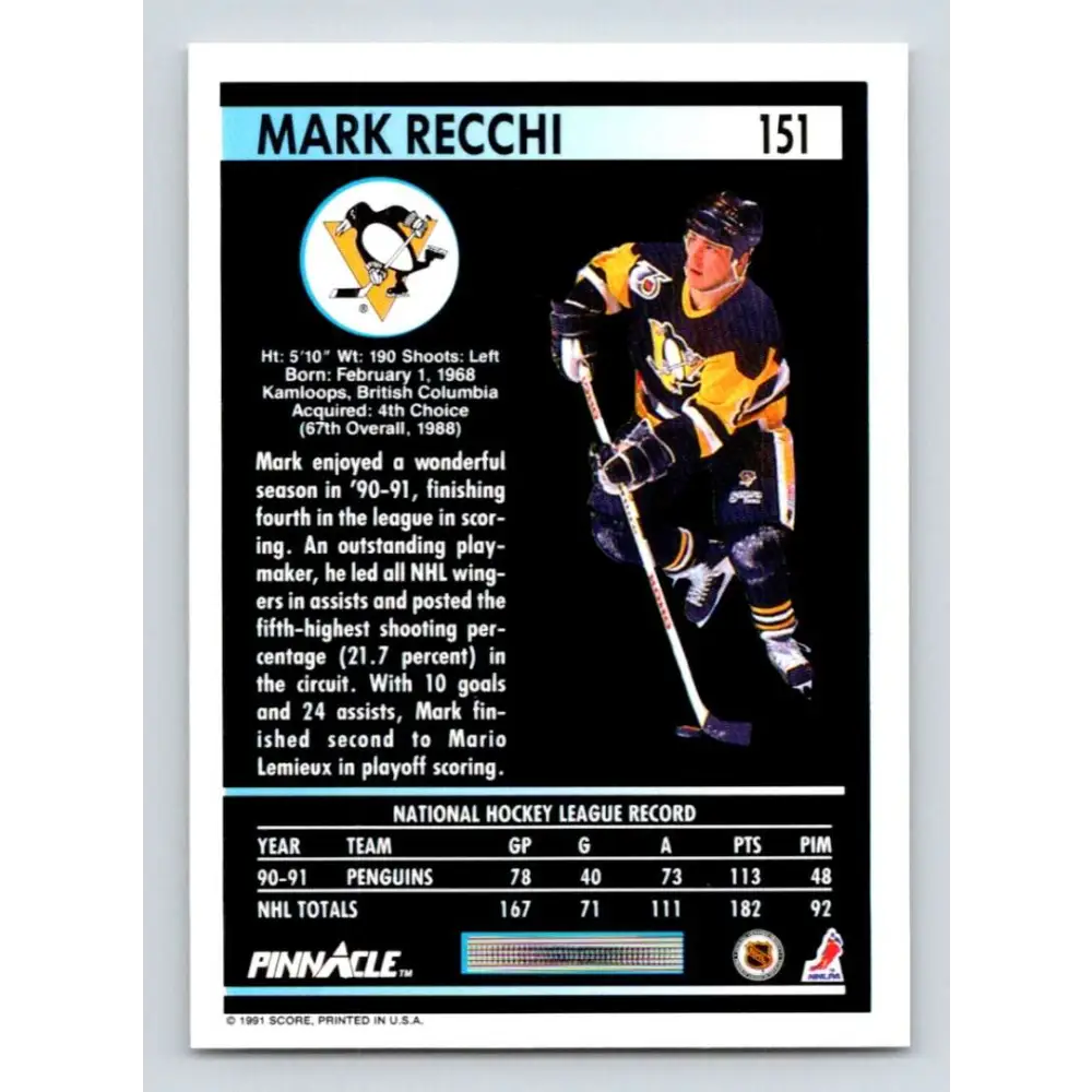 1991-92 Pinnacle #151 Mark Recchi NM-MT Pittsburgh Penguins Hockey Card Image 2
