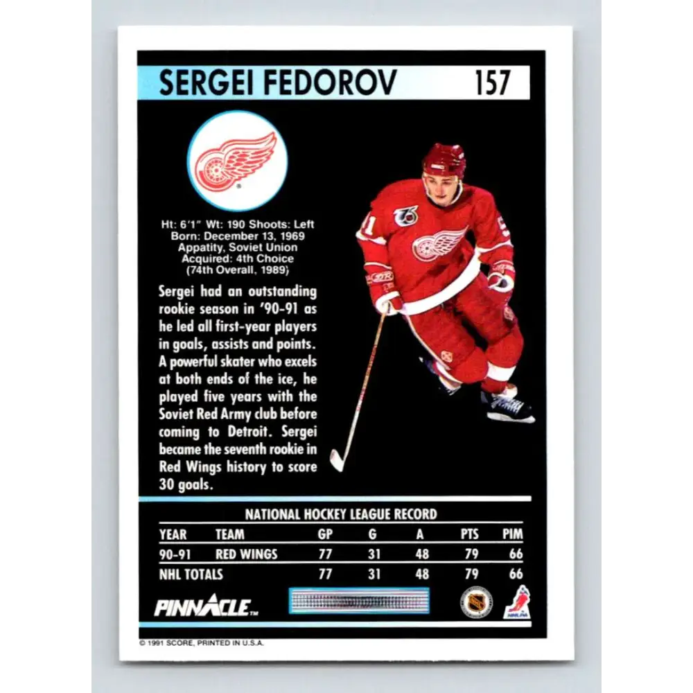 1991-92 Pinnacle #157 Sergei Fedorov NM-MT Detroit Red Wings Hockey Card Image 2