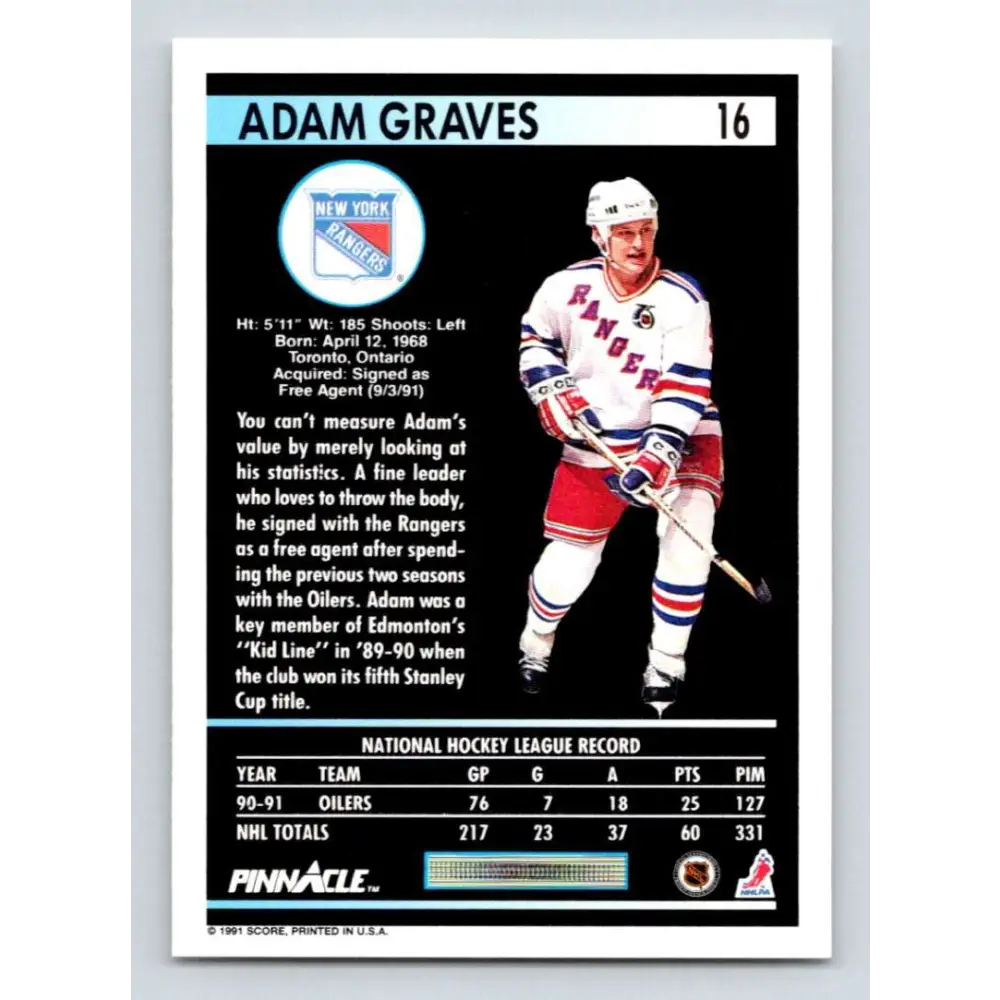 1991-92 Pinnacle #16 Adam Graves NM-MT New York Rangers Hockey Card Image 2