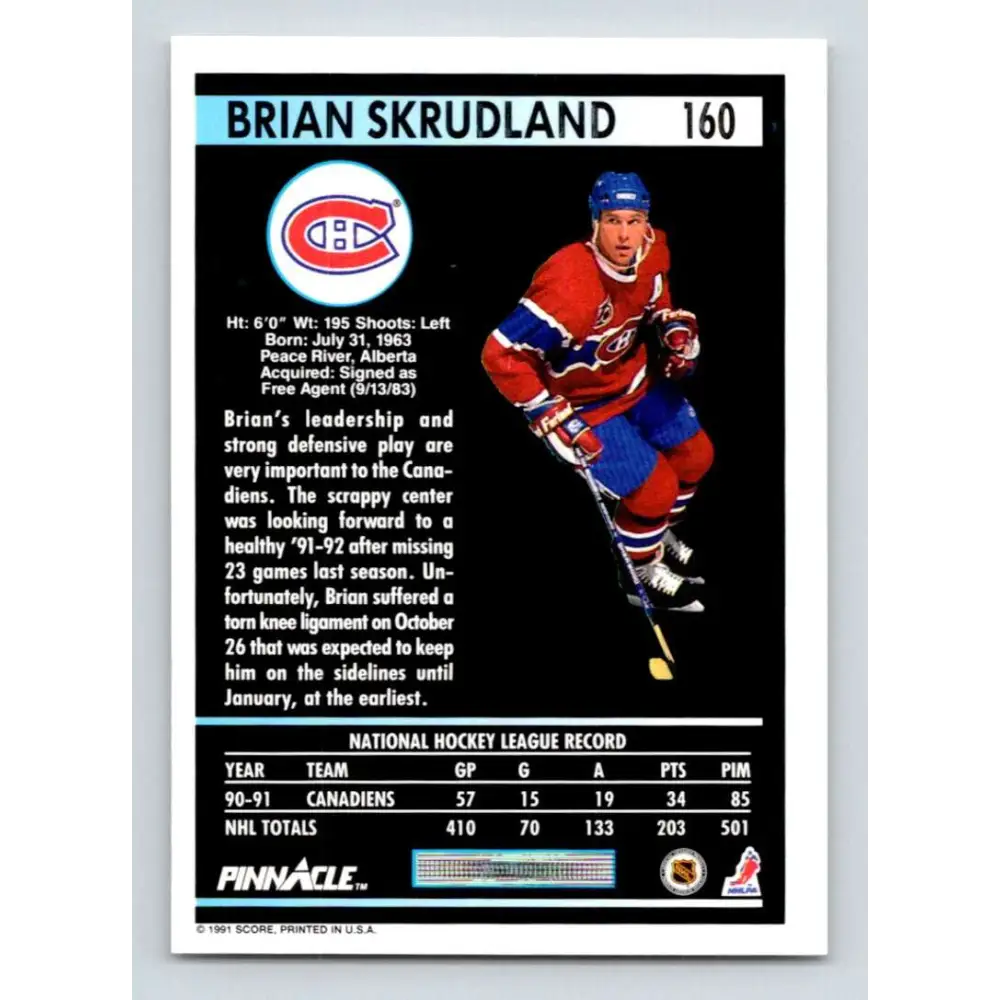 1991-92 Pinnacle #160 Brian Skrudland NM-MT Montreal Canadiens Hockey Card Image 2
