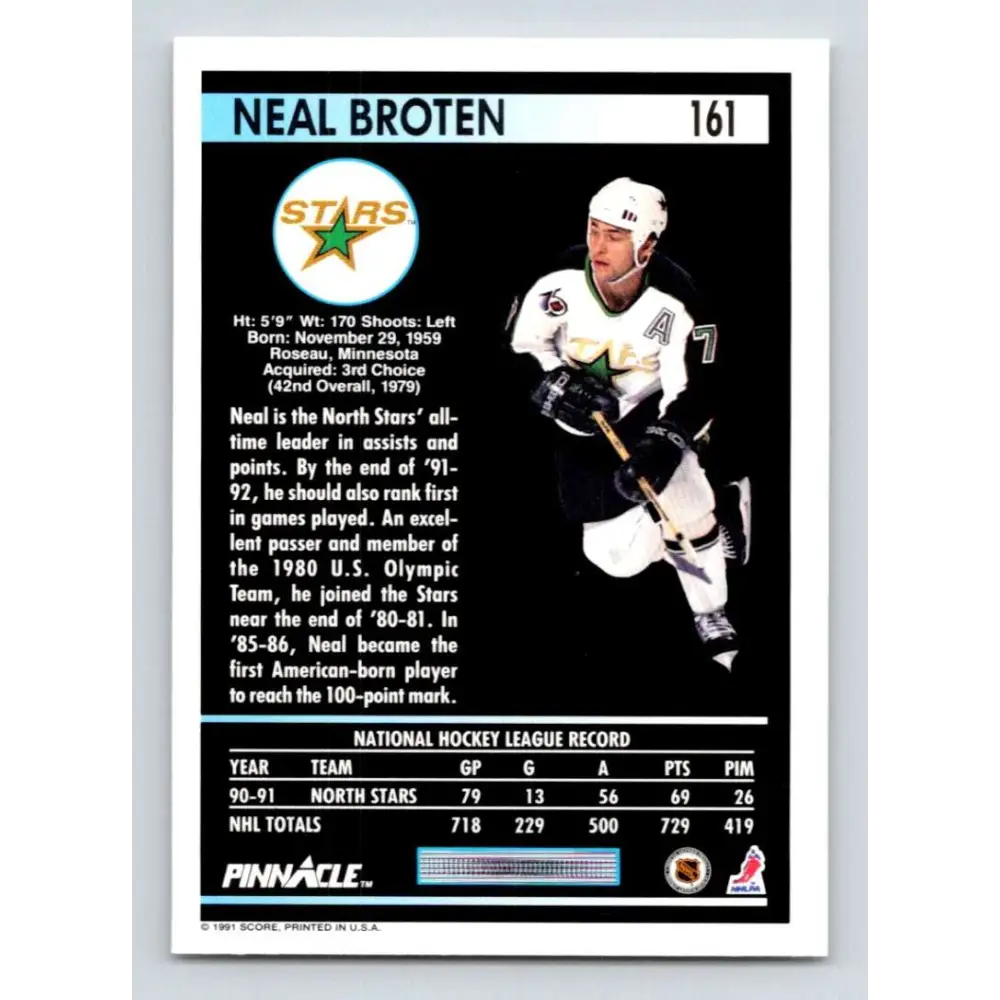 1991-92 Pinnacle #161 Neal Broten NM-MT Minnesota North Stars Hockey Card Image 2