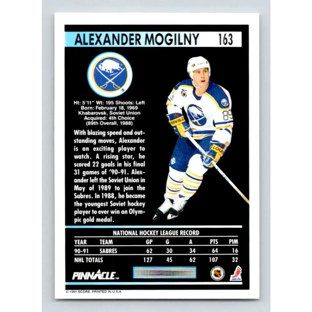1991-92 Pinnacle #163 Alexander Mogilny NM-MT Buffalo Sabres Hockey Card Image 2
